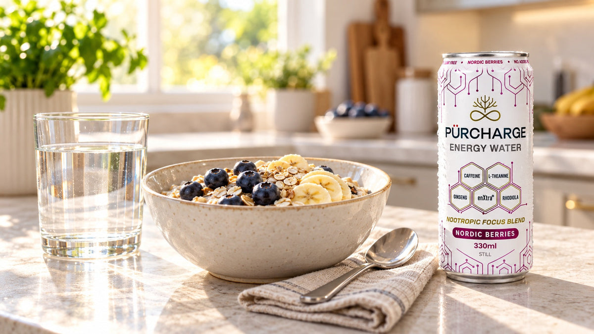 Glass of water, breakfast and a can of PÜRCHARGE on a kitchen counter in morning light