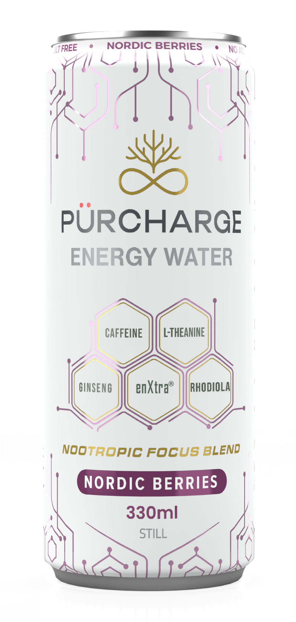 Purcharge energy water can with Nordic Berries flavor on a white background

