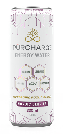 Purcharge energy water can with Nordic Berries flavor on a white background

